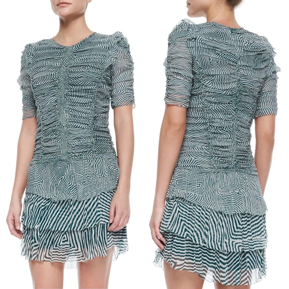 Isabel Marant Etoile‎ Mini Dress Womens S Teal Silk Ruched Tiered Abstract Print